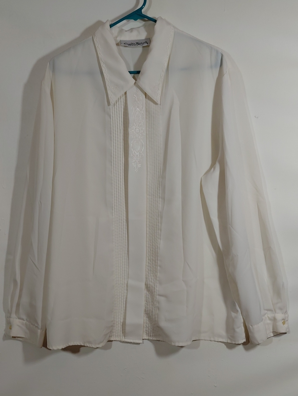 Claudia Richard Ivory Dressy Embroidered Pleated Front Long Sleeve Blouse Sz 20W